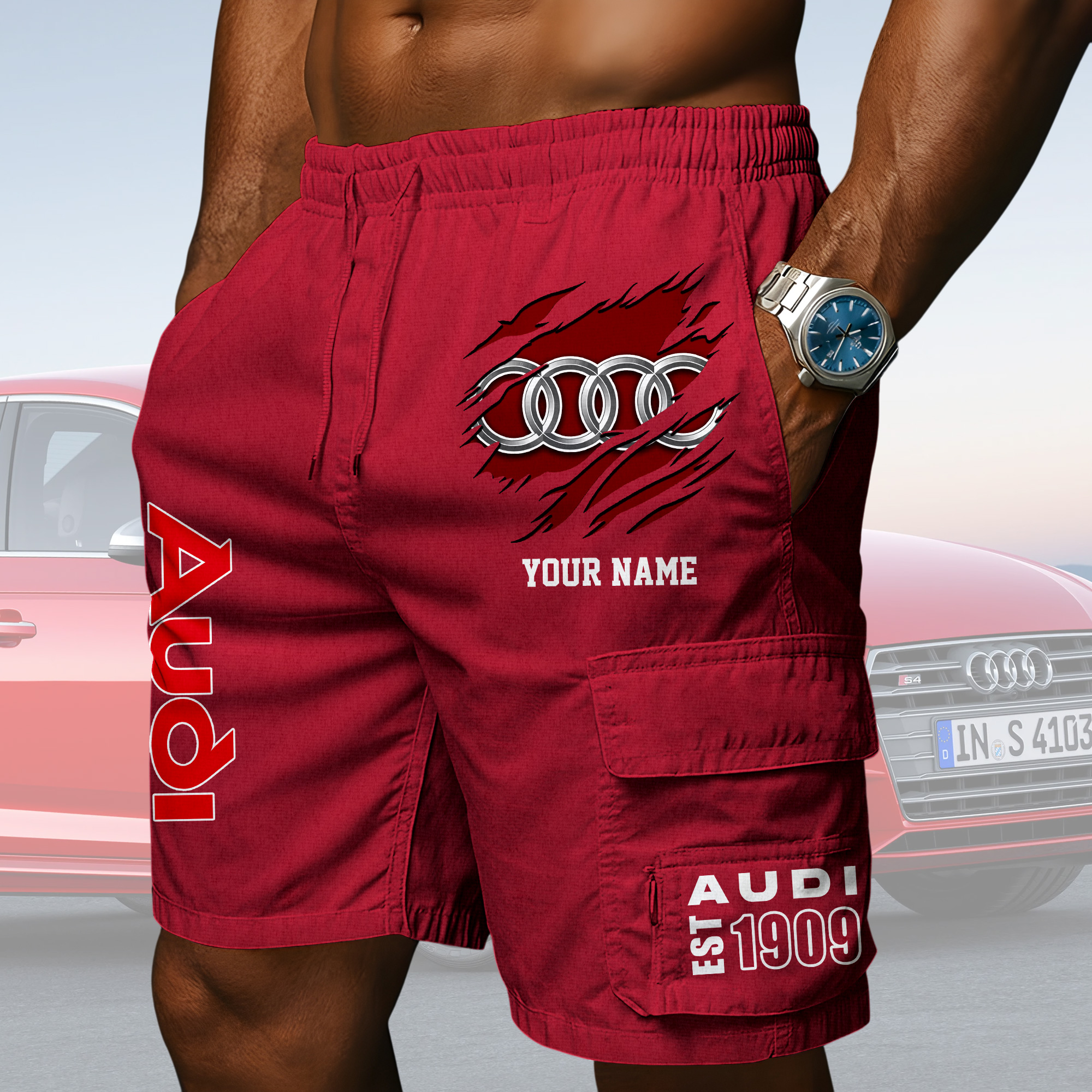 Audi Herren-2-in-1-Trainingsshorts mit Innenhose