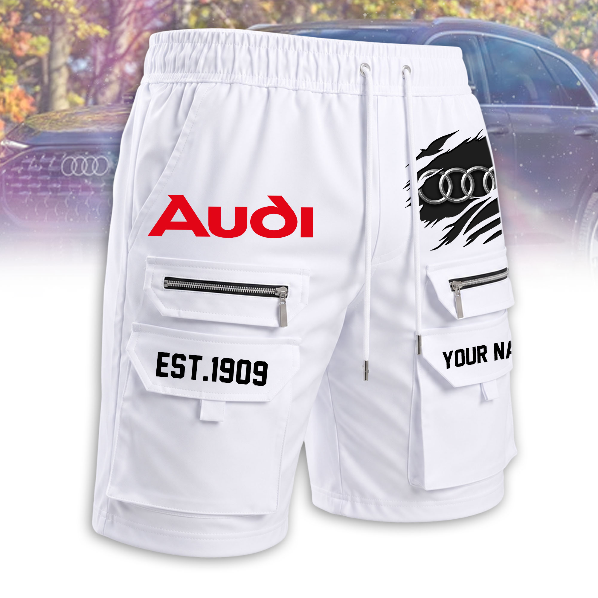 Audi Herren-Cargoshorts mit Reißverschlusstaschen