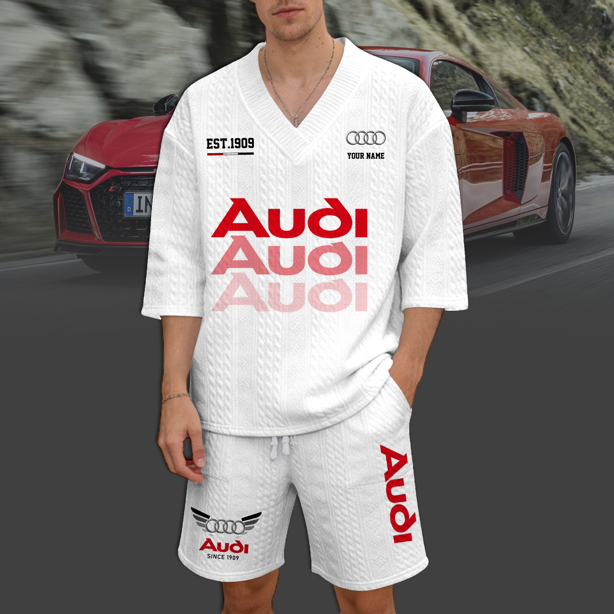 Audi Herren-Sommerset aus Strickshirt und Shorts