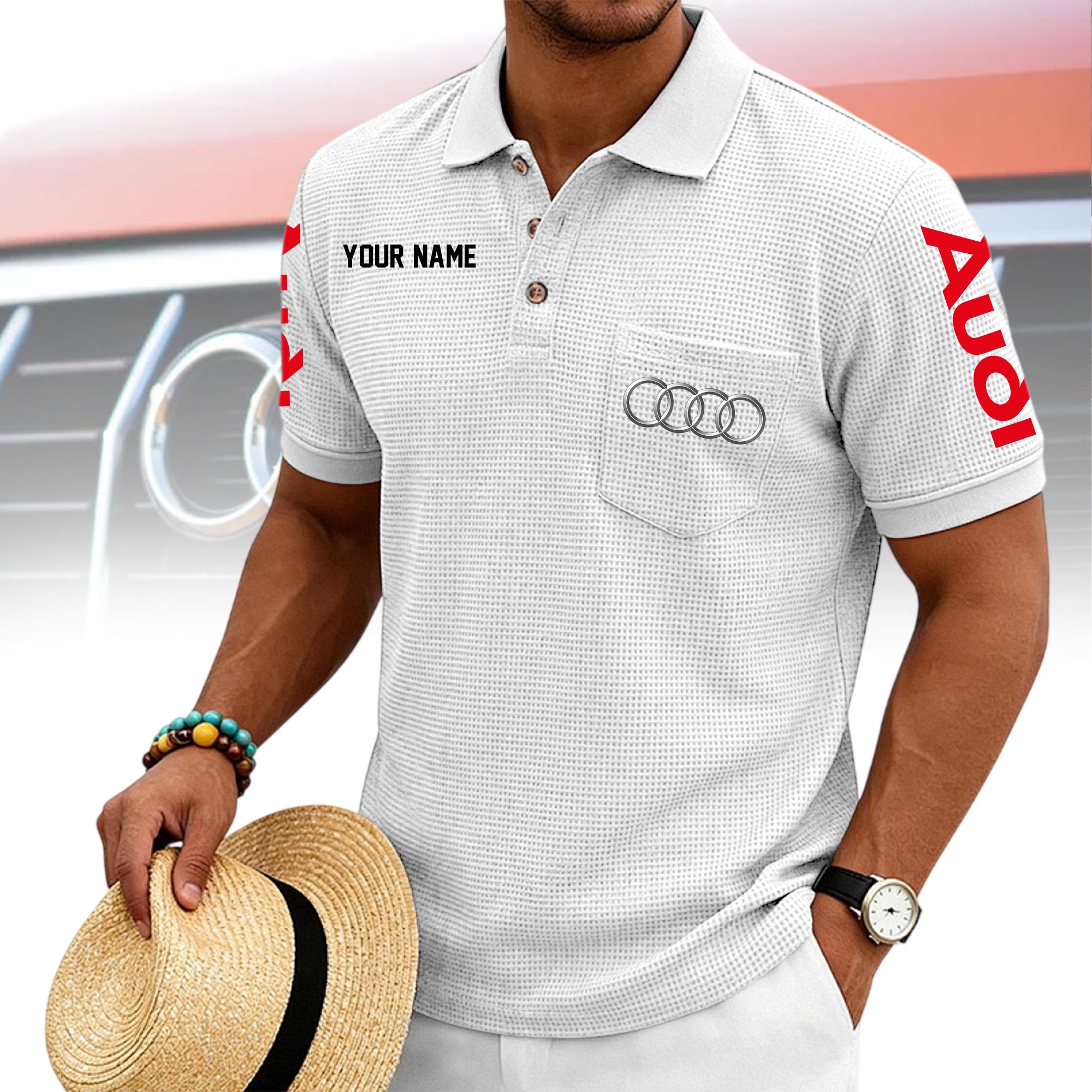 Audi Herren-Waffelstrick-Poloshirt mit Brusttasche