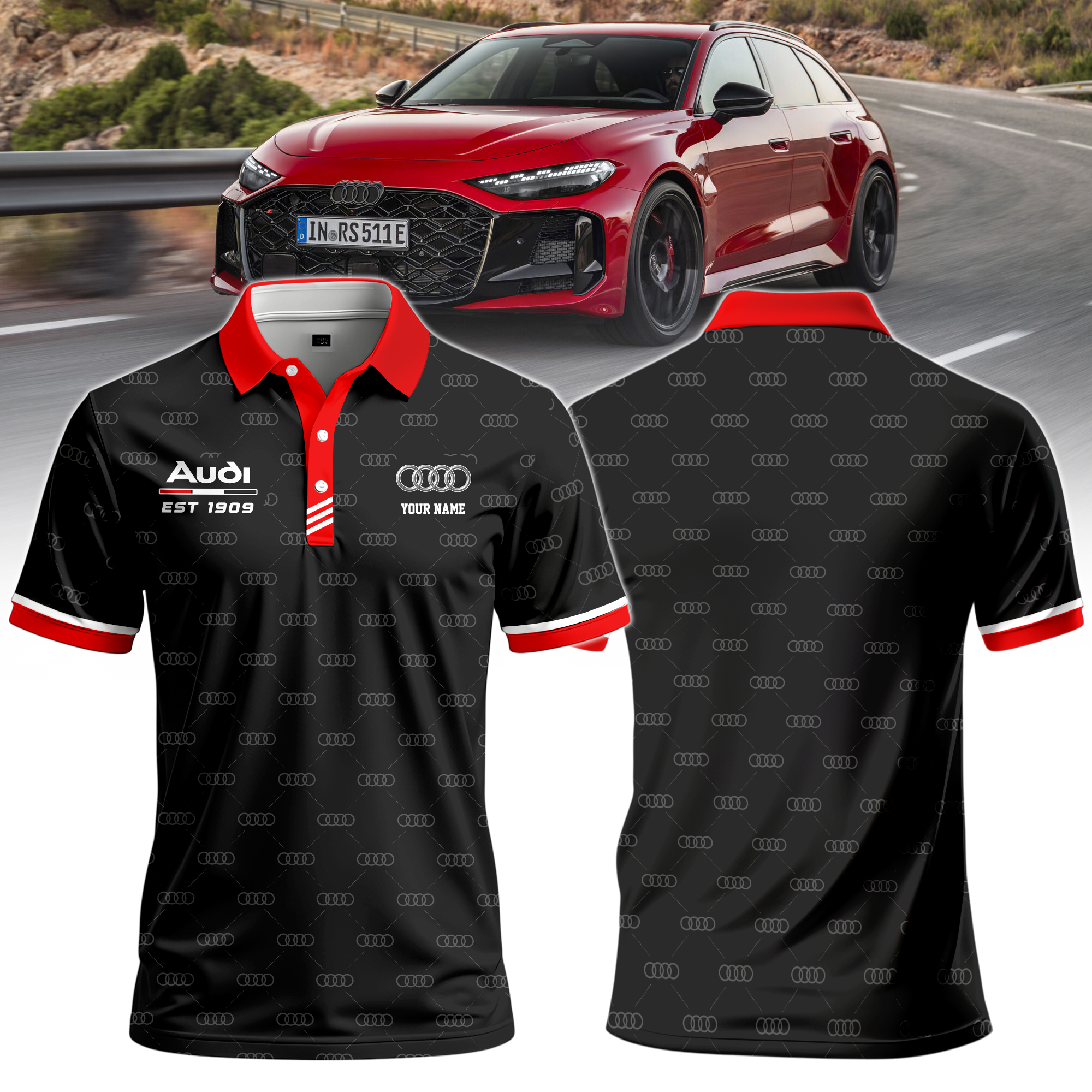 Audi Stretch-Poloshirt mit 360°-Allover-Print