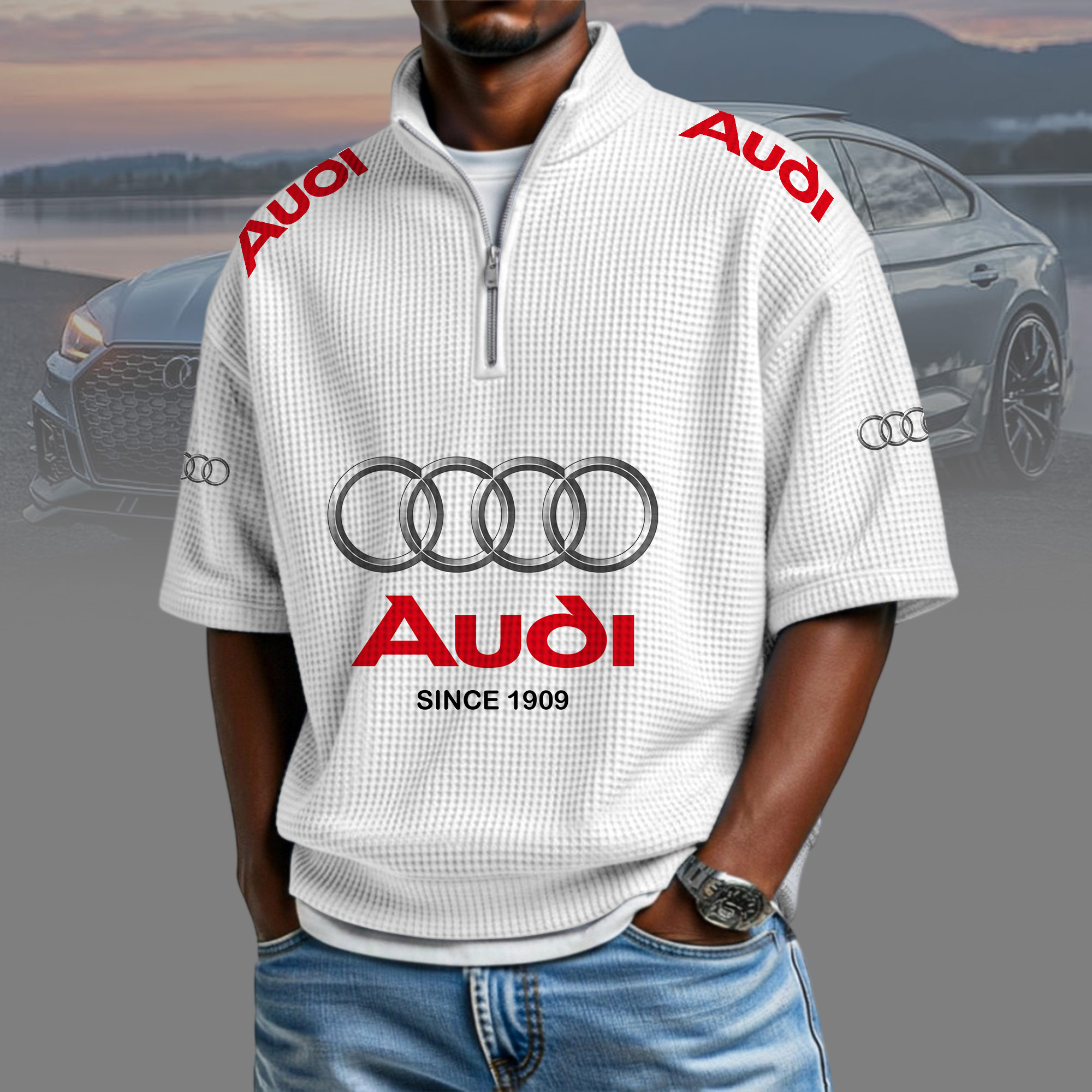 Audi Waffelstruktur-Kurzarmshirt mit halbem Reißverschluss